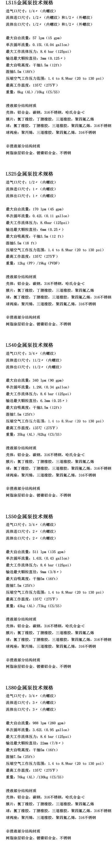 skylink金属泵技术规格性能参数