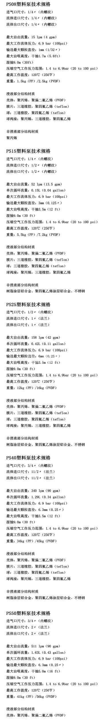 skylink金属泵技术规格性能参数